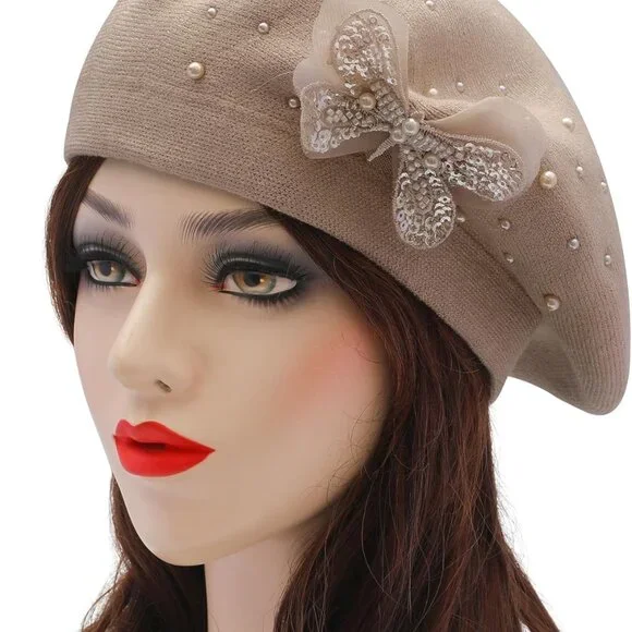 Womens French Beret hat, Reversible Solid Color Cashmere  display picture 2